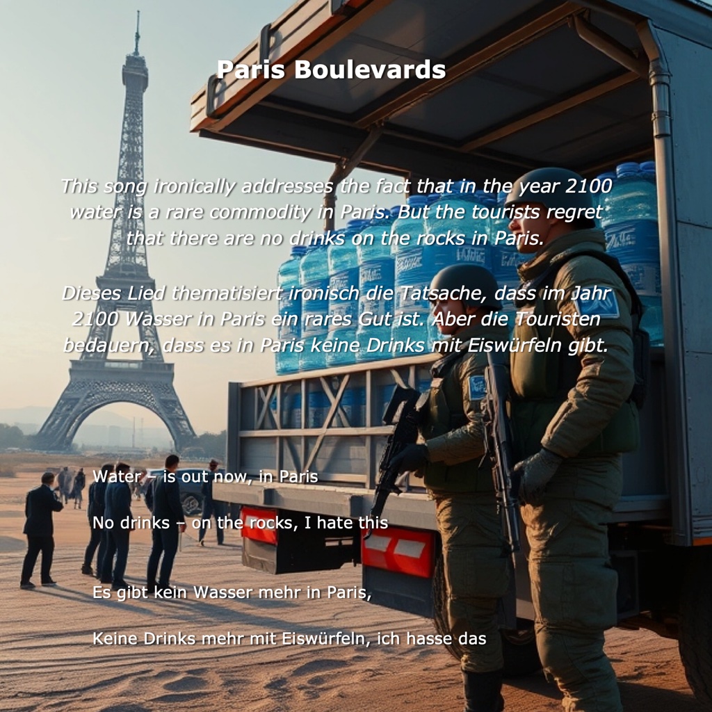 Paris Boulevards Lyrics: This song ironically addresses the fact that in the year 2100 water is a rare commodity in Paris. But the tourists regret that there are no drinks on the rocks in Paris. 