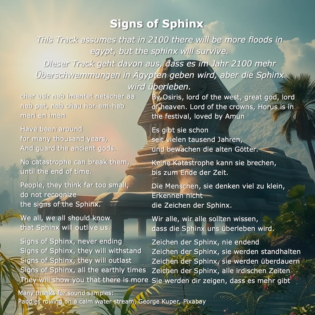 Signs of Sphinx Lyrics: This Track assumes that in 2100 there will be more floods in egypt, but the sphinx will survive. By Osiris, lord of the west, great god, lord of heaven. Lord of the crowns, Horus is in the festival, loved by Amun. Have been around   for many thousand years,  And guard the ancient gods.    No catastrophe can break them,   until the end of time.    People, they think far too small,   do not recognize   the signs of the Sphinx.    We all, we all should know   that Sphinx will outlive us.    Signs of Sphinx, never ending  Signs of Sphinx, they will withstand  Signs of Sphinx, they will outlast   Signs of Sphinx, all the earthly times  They will show you that there is more  