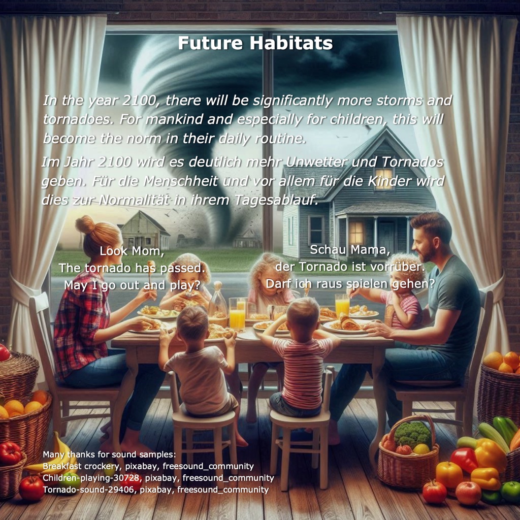 Future Habitats Lyrics: In the year 2100, there will be significantly more storms and tornadoes. For mankind and especially for children, this will become the norm in their daily routine. Look Mom,  The tornado has passed.  May I go out and play?  