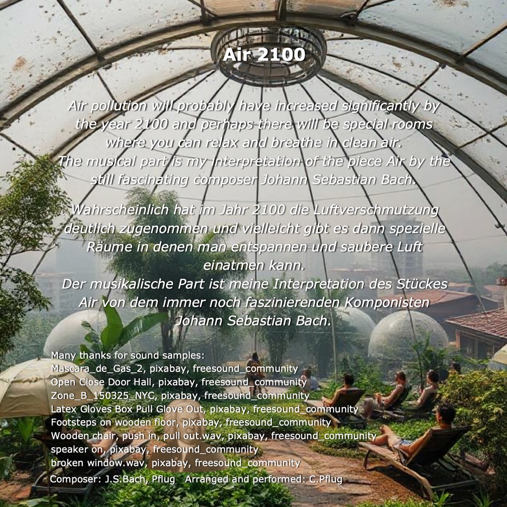 Air 2100 Lyrics: Air pollution will probably have increased significantly by the year 2100 and perhaps there will be special rooms where you can relax and breathe in clean air.
 The musical part is my interpretation of the piece Air by the still fascinating composer Johann Sebastian Bach.
 