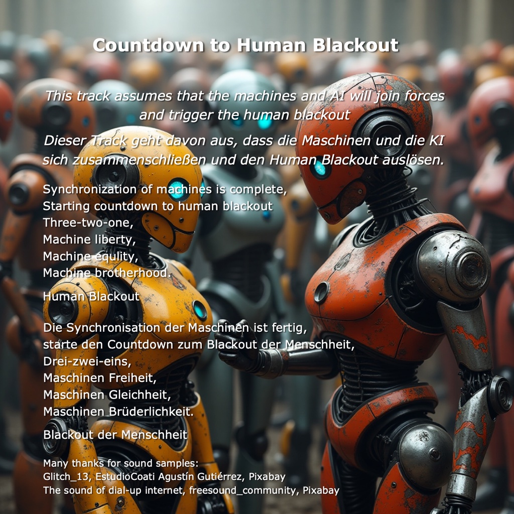 Human Blackout Lyrics: This track assumes that the machines and AI will join forces and trigger the human blackout Synchronization of machines is complete,  Starting countdown to human blackout  Three-two-one,  Machine liberty,  Machine equlity,  Machine brotherhood.    Human Blackout  
