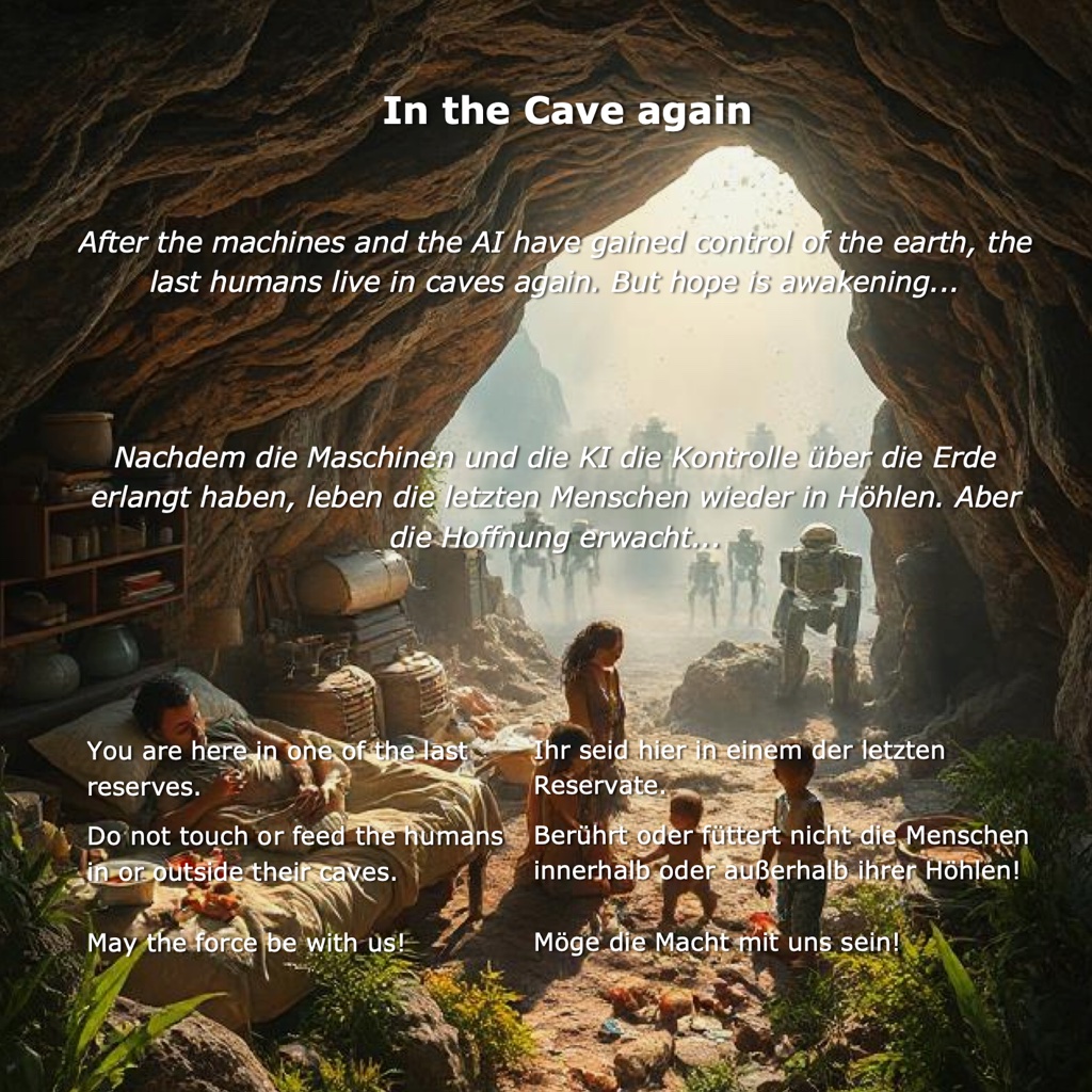 In the cave again Lyrics: After the machines and the AI have gained control of the earth, the last humans live in caves again. But hope is awakening... You are here in one of the last reserves.     Do not touch or feed the humans in or outside their caves.    May the force be with us!  